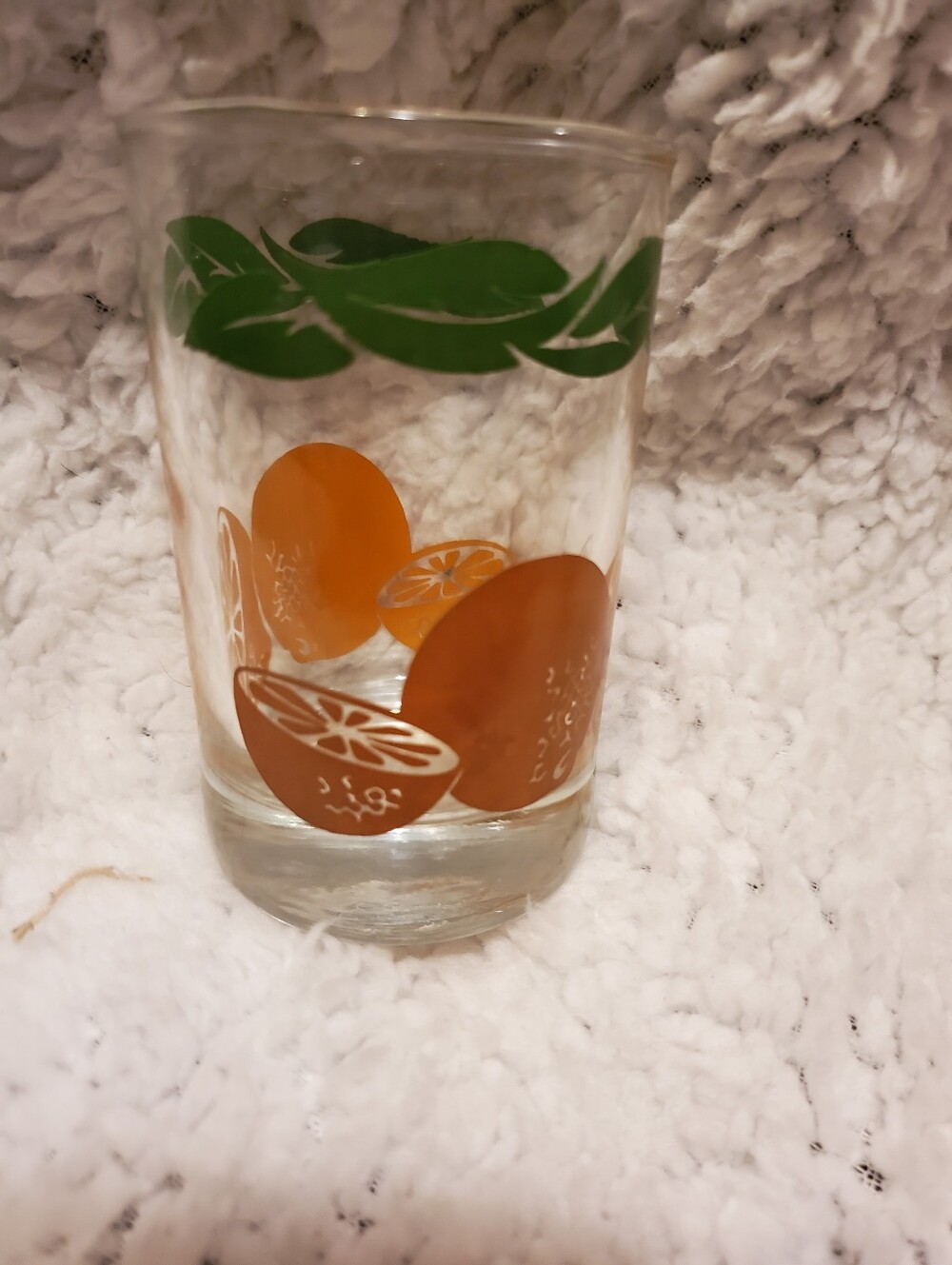 Vintage Anchor Hocking Oranges Juice Glass /w Green Leaf Border Flat